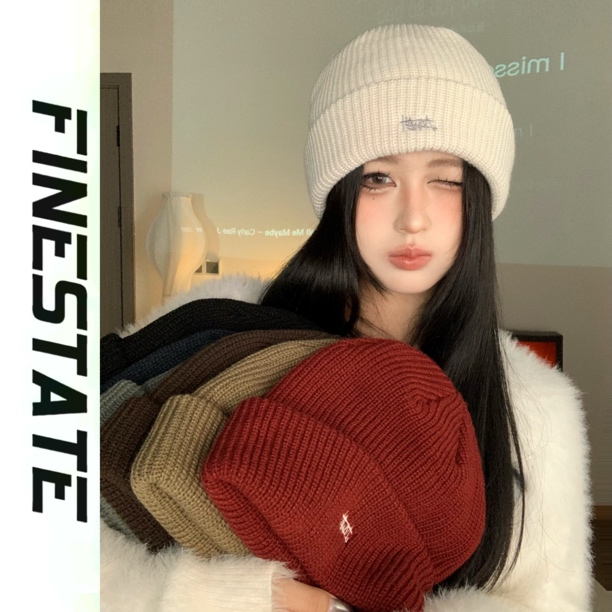 finestate针织毛线帽粗纹理感大头围厚显脸小秋冬保暖护耳帽子女