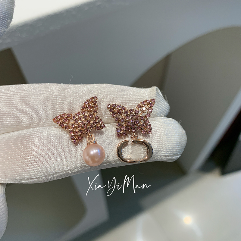 铜合金耳饰 【夏一曼】 精致粉色蝴蝶AB款耳钉