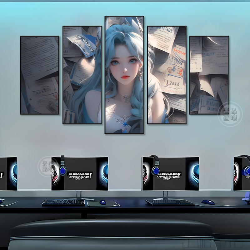 海报金克斯英雄联盟五联挂画甜美风电竞房间卧室沙发背景墙装饰画