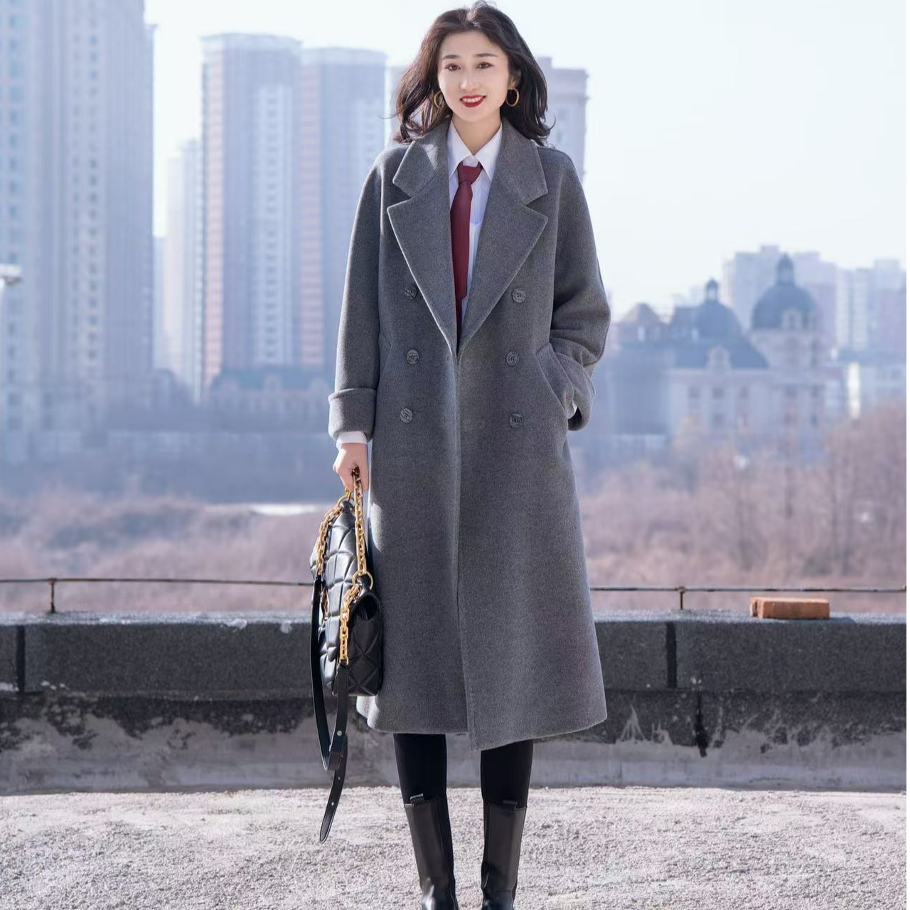 阿玛施AMASS【双面呢】时尚气质宽松中长款外套5400861