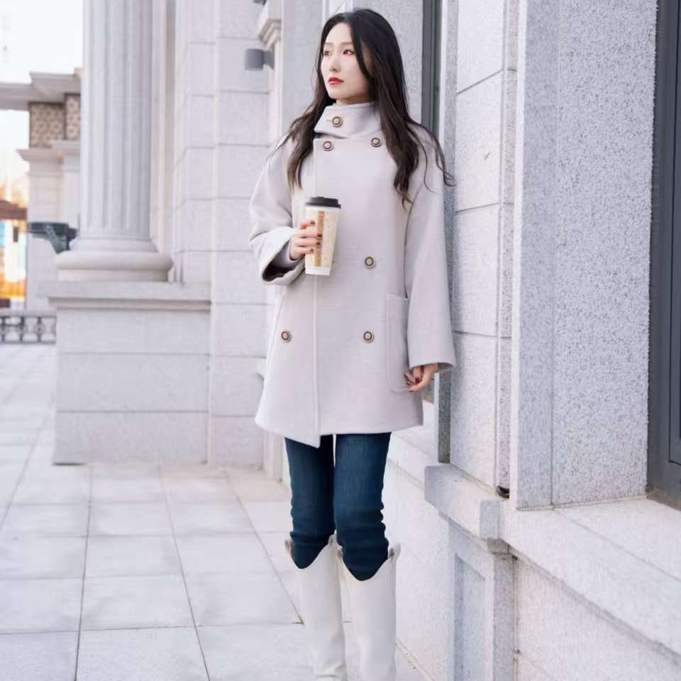 阿玛施AMASS【柔软时光】新款双排扣立领双面呢大衣外套5400843