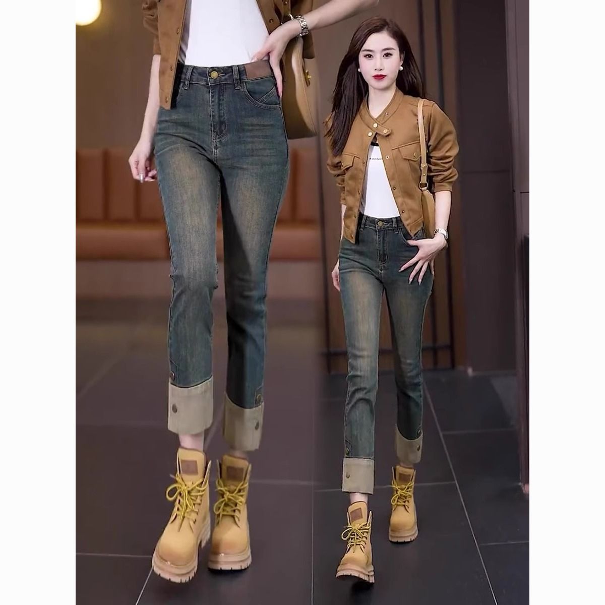 加绒加厚牛仔裤女2024秋冬新款高腰修身显瘦卷边九分烟管直筒裤