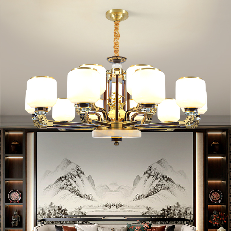 新中式客厅吊灯别墅复式楼全铜实木餐厅灯中国风高端新款大厅灯具