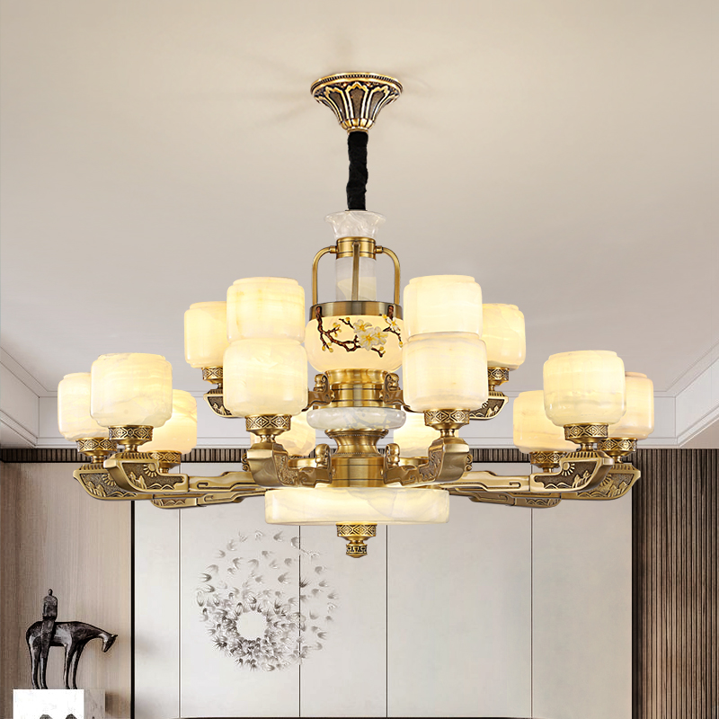 新中式吊灯全铜玉石客厅餐厅卧室中国风现代复式楼别墅灯具1019