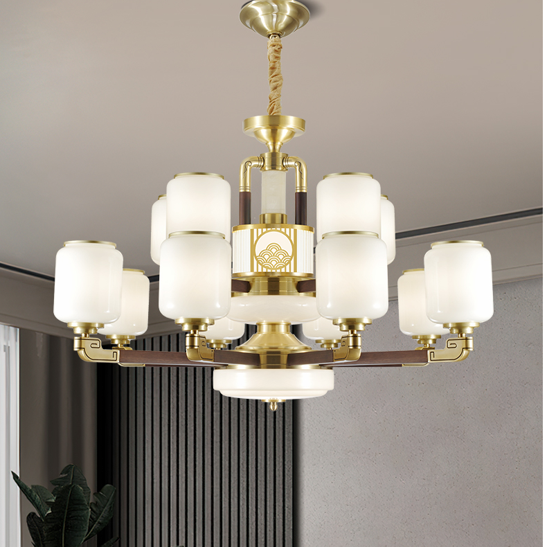 新中式客厅吊灯别墅复式楼全铜玉石餐厅灯中国风高端大气全新灯具