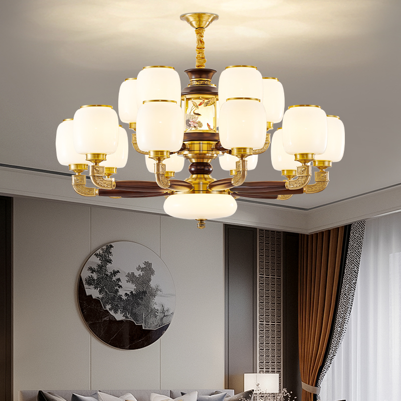 新中式客厅吊灯别墅复式楼全铜实木吊灯中国风高端大气大厅灯具