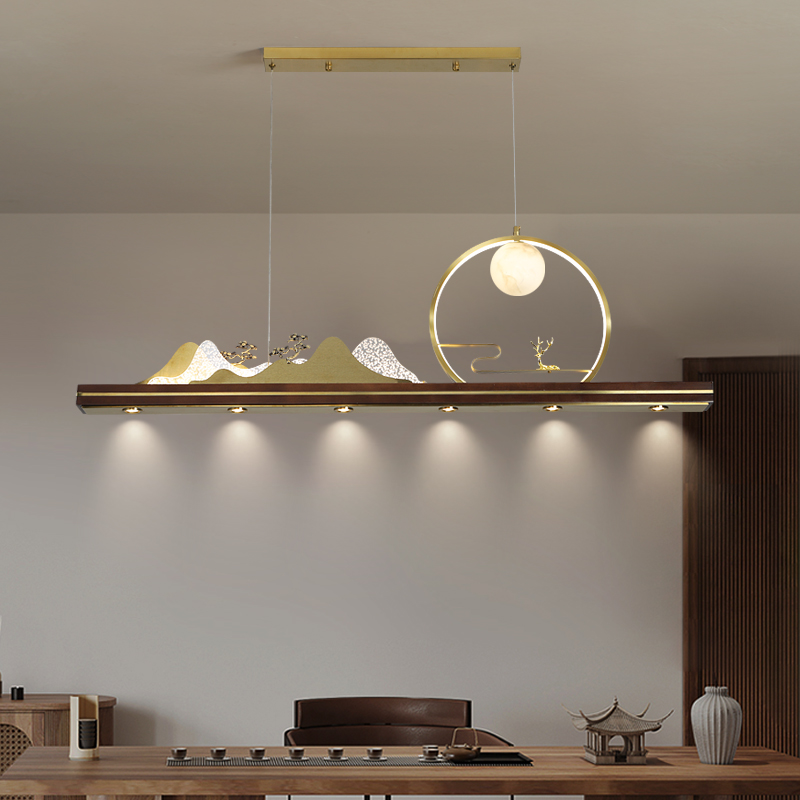 新款全铜新中式餐厅吊灯简约现代客厅茶室中国风别墅长形餐厅灯具