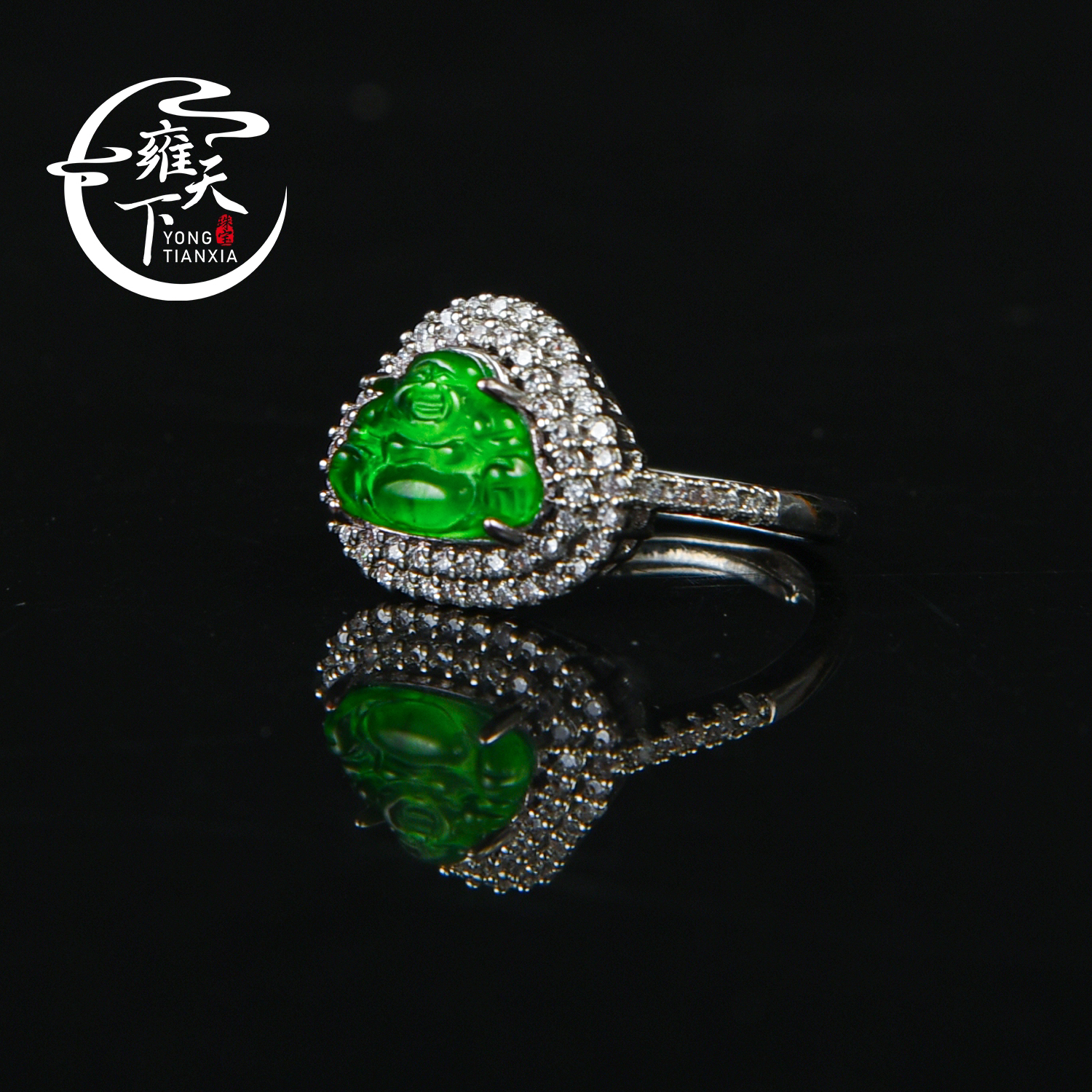 【雍天下】帝王绿玻璃种纯天然A货翡翠佛公戒指L4多样性发一件 A76