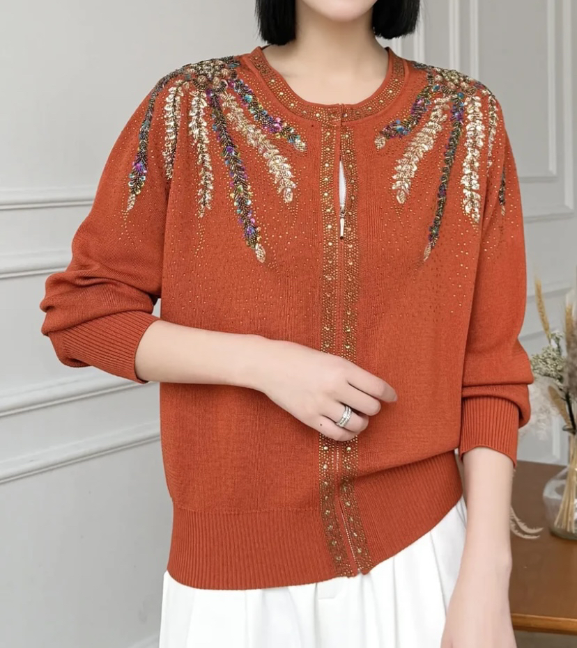馨雅严选 重工串珠烫钻时尚显瘦百搭针织开衫大码春秋气质3511款