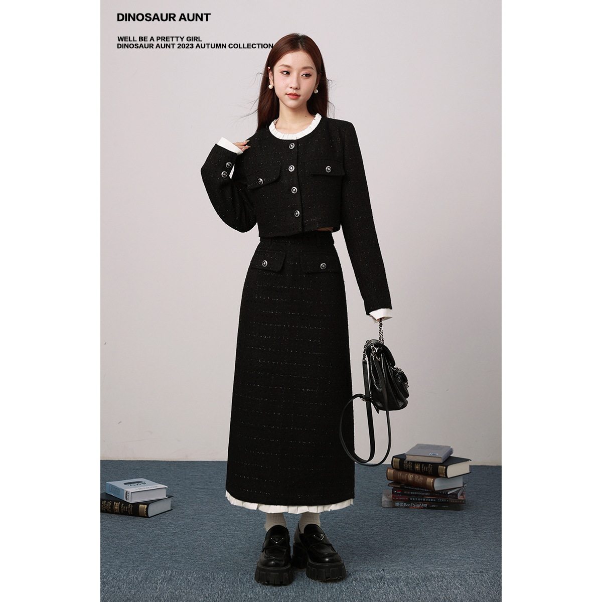 【清仓】DINOSAUR AUNT恐龙阿姨 秋冬木耳边拼接黑色小香风套装