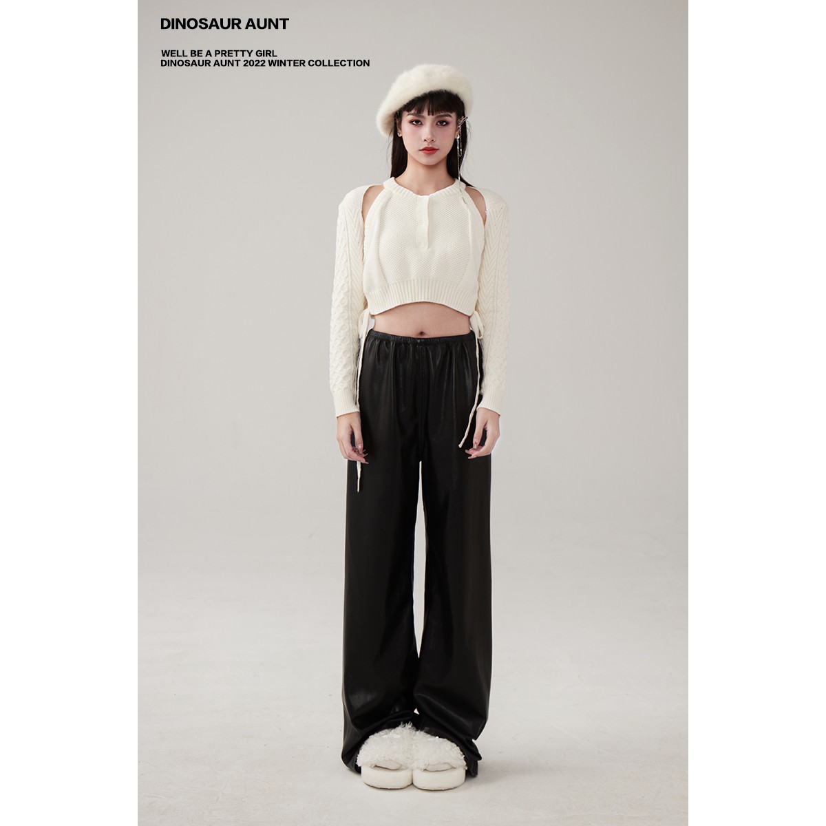 【清仓】Dinosaur Aunt恐龙阿姨 甜酷黑色松紧腰垂感直筒休闲皮裤