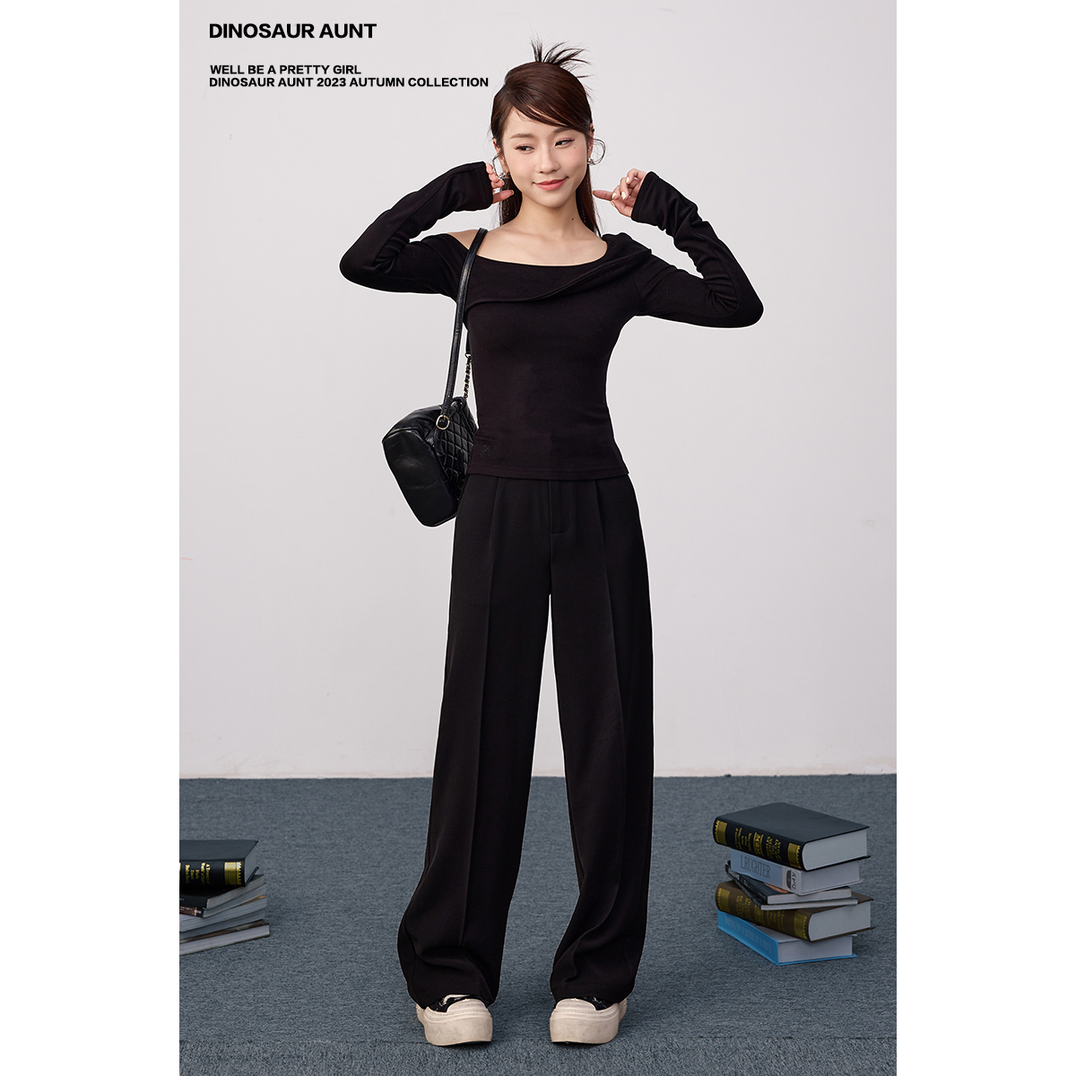 【清仓】DINOSAUR AUNT恐龙阿姨 黑色显瘦舒适直筒休闲裤