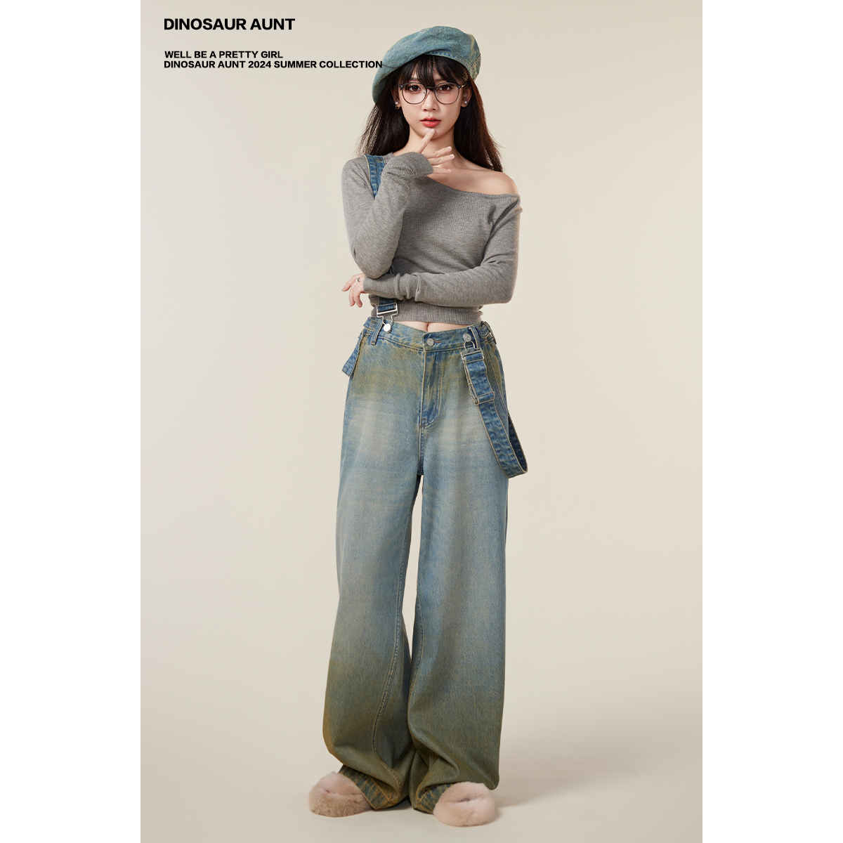【清仓】DINOSAUR AUNT恐龙阿姨 复古独特做旧泥染宽松背带牛仔裤