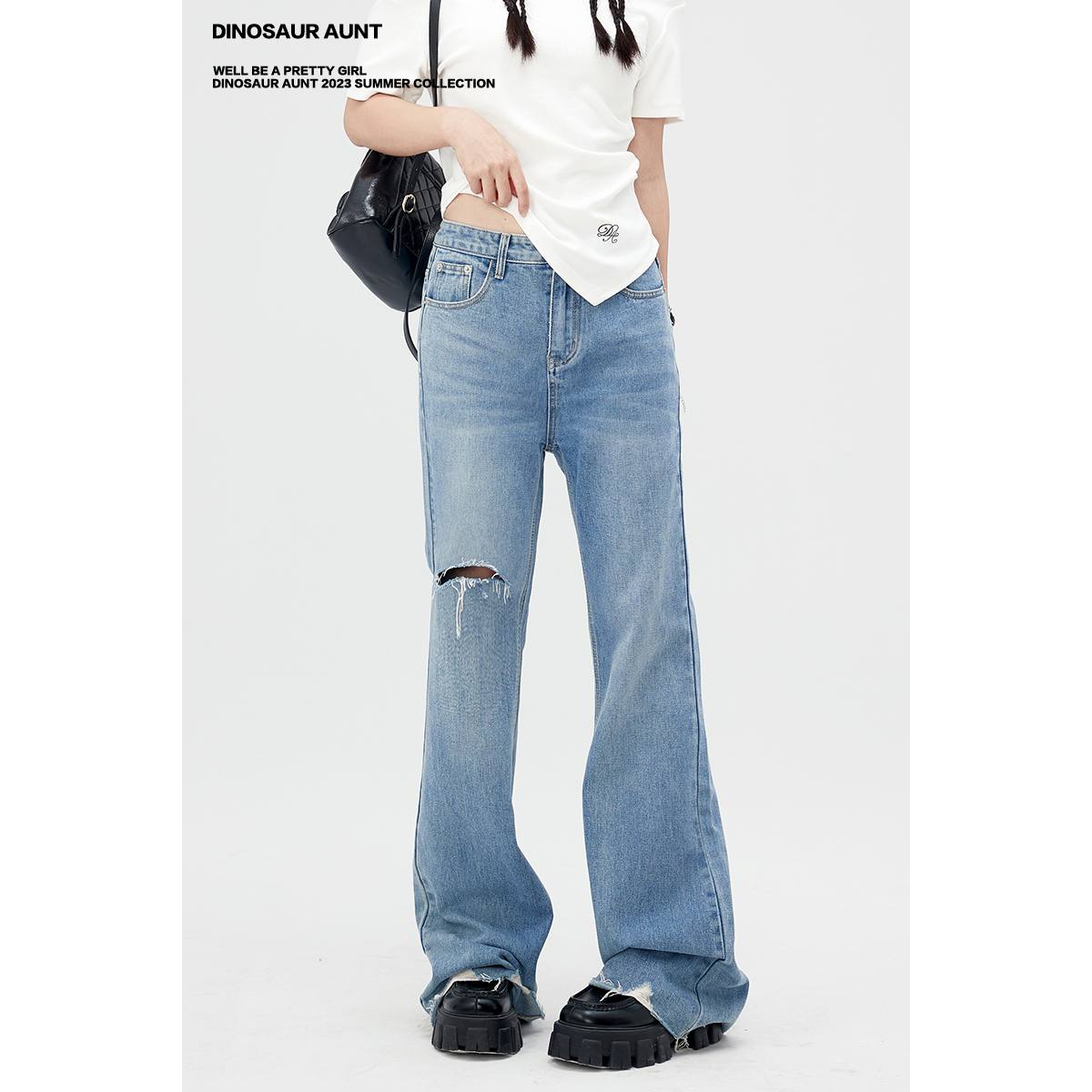 【清仓】DINOSAUR AUNT恐龙阿姨 百搭显瘦水洗破洞微喇毛边牛仔裤