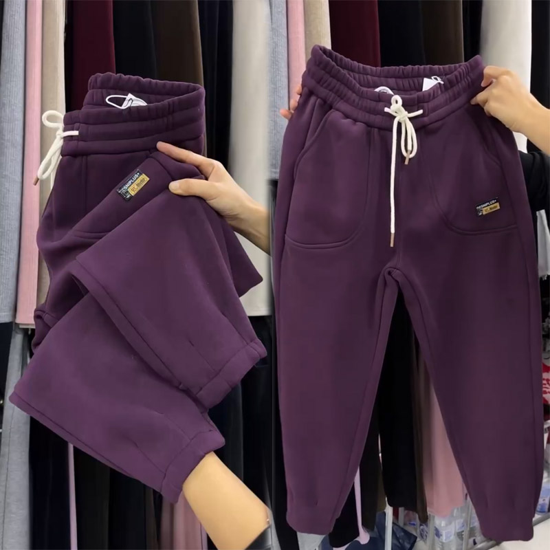 小个子加绒加厚卫裤女冬季新款显瘦八分束脚哈伦裤宽松高腰运动裤