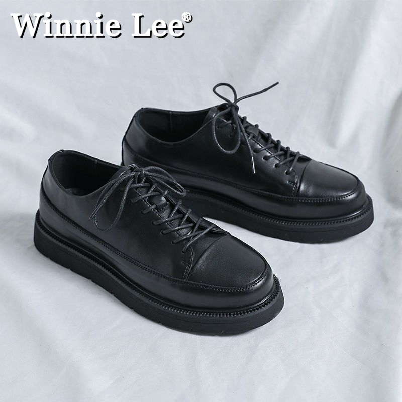 Winnie Lee男鞋秋季透气西装厚底男士英伦风休闲黑色圆头百搭皮鞋
