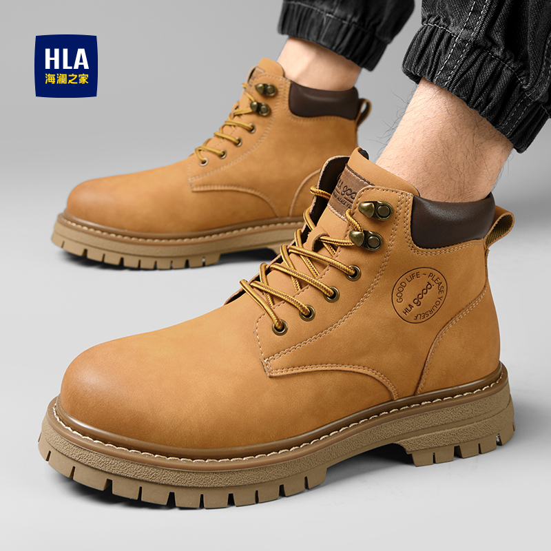 海澜之家冬季加绒保暖大黄靴男款2025防滑耐磨马丁靴增高
