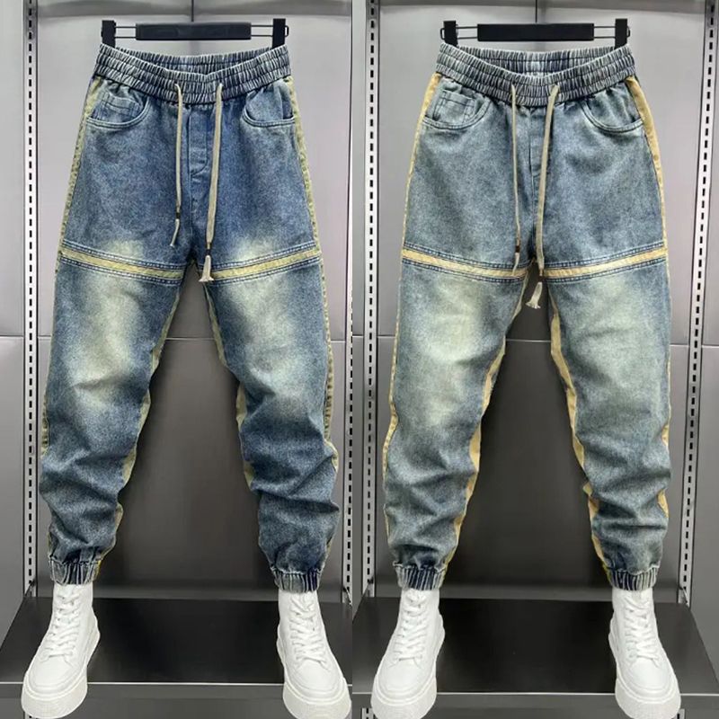 秋季新款宽松束脚牛仔裤男士潮牌时尚复古拼色休闲裤痞帅哈伦长裤