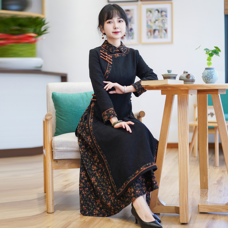 如意风奥黛旗袍连衣裙女收腰长款年轻民国复古气质日常裙子23J279