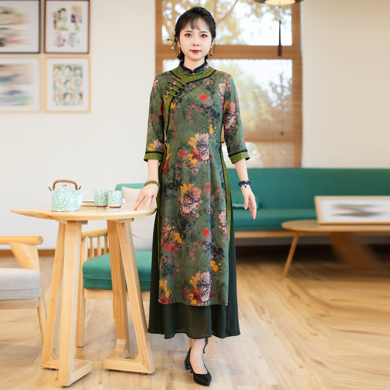 如意风春季新款改良奥黛旗袍连衣裙休闲减龄优雅复古洋气裙23R161