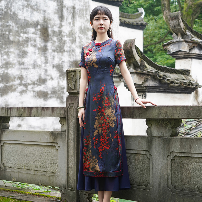  如意风奥黛旗袍中国风夏季新款收腰连衣裙年轻款复古裙子22R042