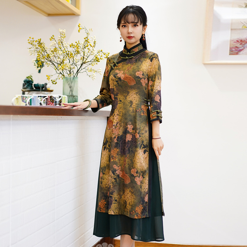 如意风越南旗袍裙改良奥黛连衣裙女正宗休闲减龄洋气裙子22R097