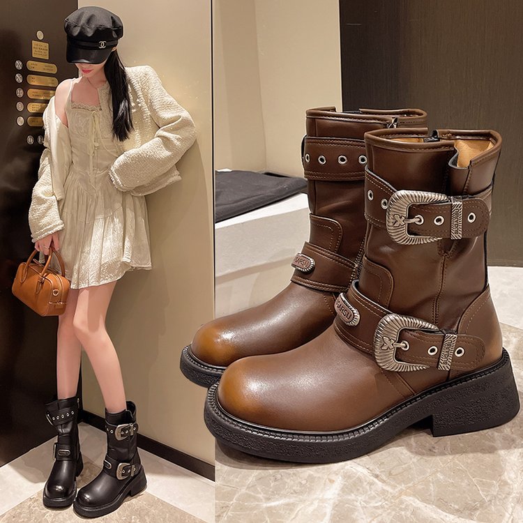 【鑫鑫】5526复古西部靴皮带扣英伦风2024擦色马丁靴中筒机车短靴