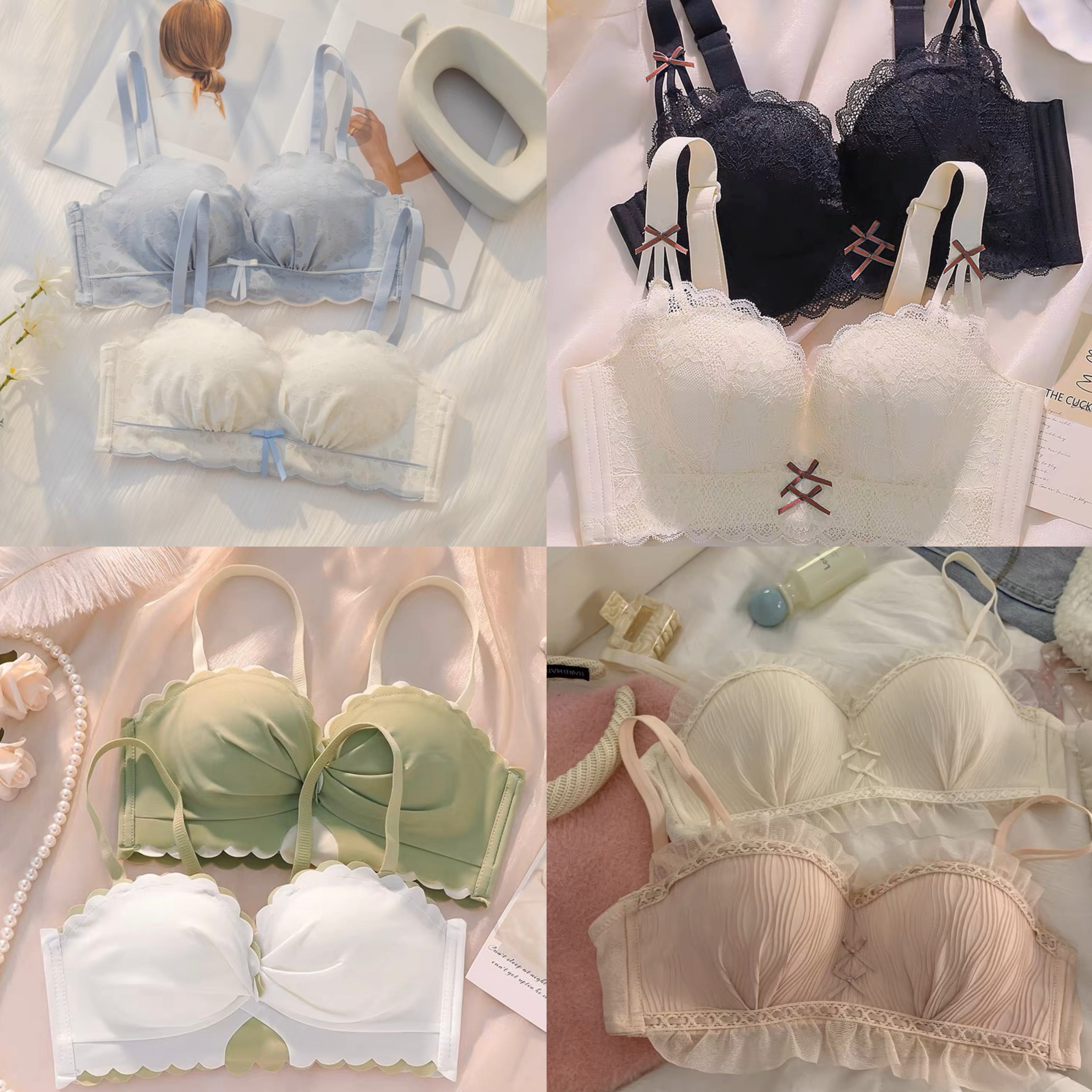 A301-A400内衣女蕾丝法式蝴蝶结无钢圈文胸舒适聚拢小胸刺绣文胸