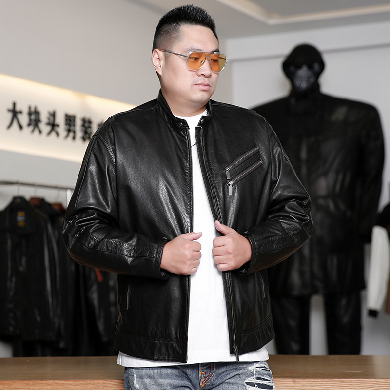 伯圣胖子大码男装头层牛皮皮衣秋冬季加大时尚休闲立领真皮夹克