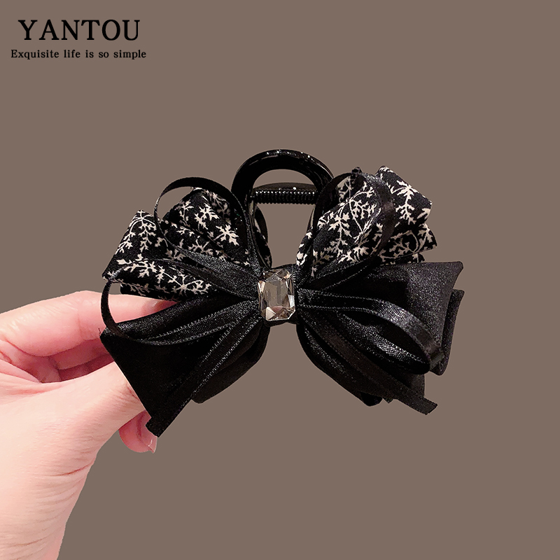 法式高级感森系小碎花蝴蝶结立体水钻抓夹布艺显发量多鲨鱼夹发夹