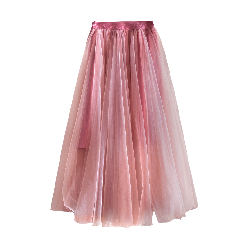 娑尔粉色网纱半裙SH4BR02619半身裙裙子中长款大摆不规则网纱裙