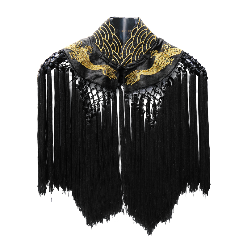 娑尔香云纱黄龙刺绣流苏披肩SI2SD02844