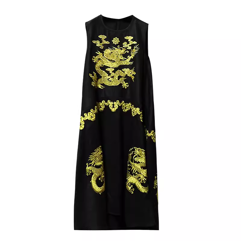 SUOER/娑尔五行色金色刺绣系列圆领宽松款香云纱连衣裙SF2LD00096