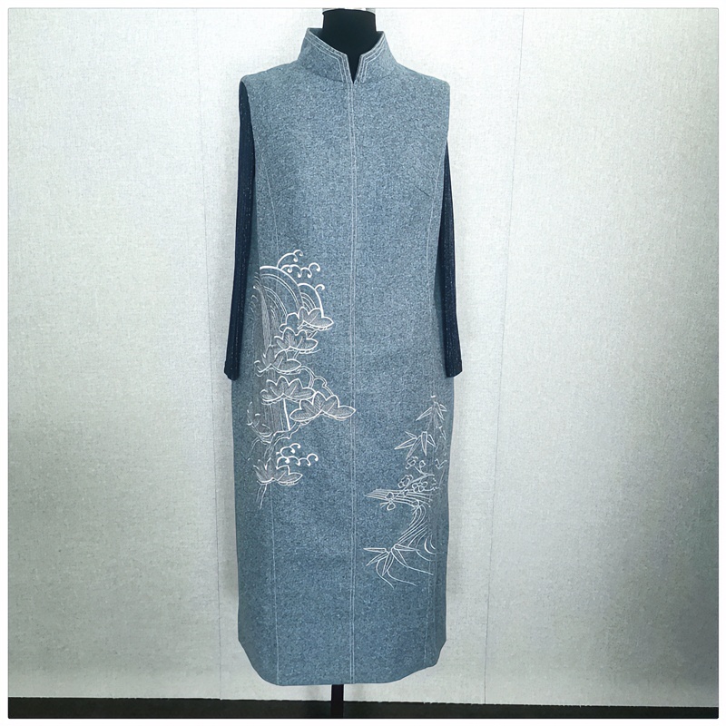 格格品牌 气质国风中式女士蓝色刺绣连衣裙G74EX020140