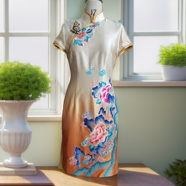 格格品牌  黄色真丝渐变色精致绣花短旗袍  4320286115