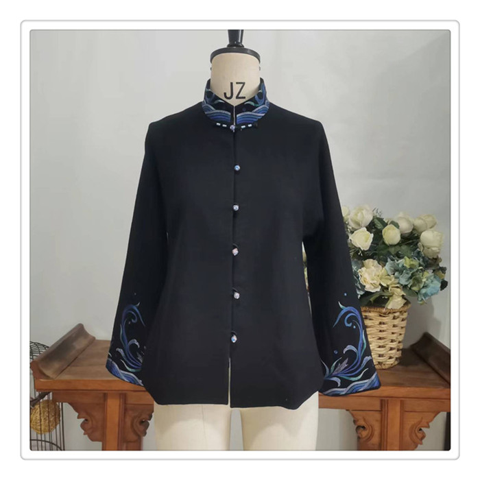 格格品牌羊毛连袖立领休闲女士上衣中式黑色外套G74BC021199