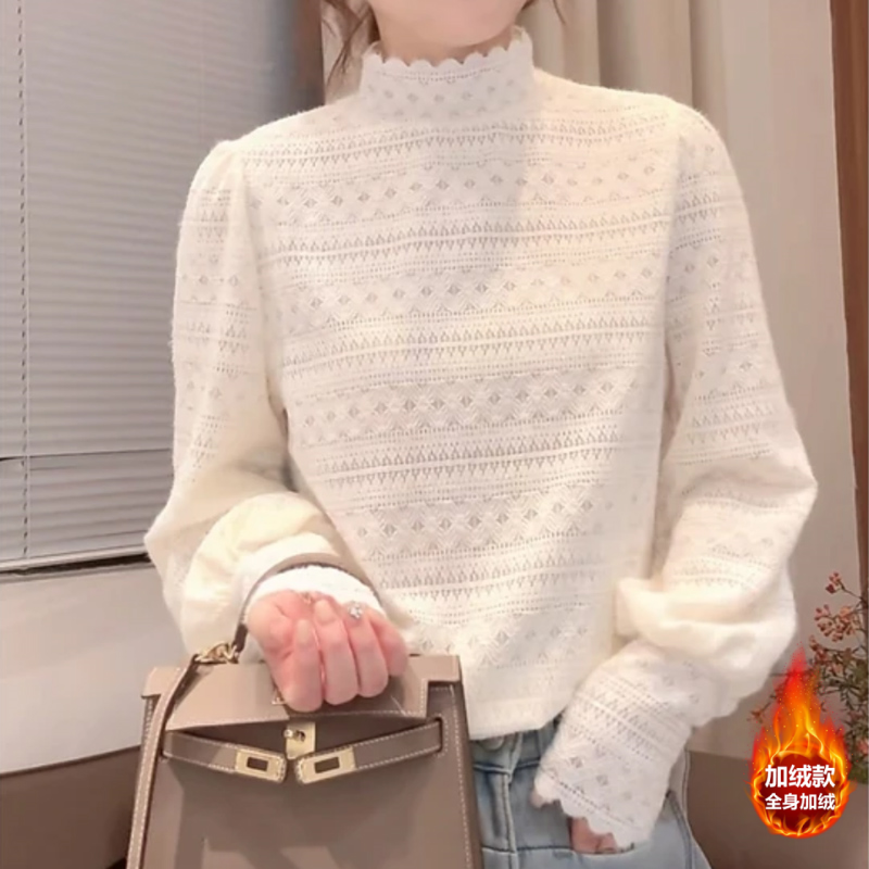 半高领磨毛蕾丝打底秋冬新款加绒加厚上衣长袖洋气百搭女士保暖衫