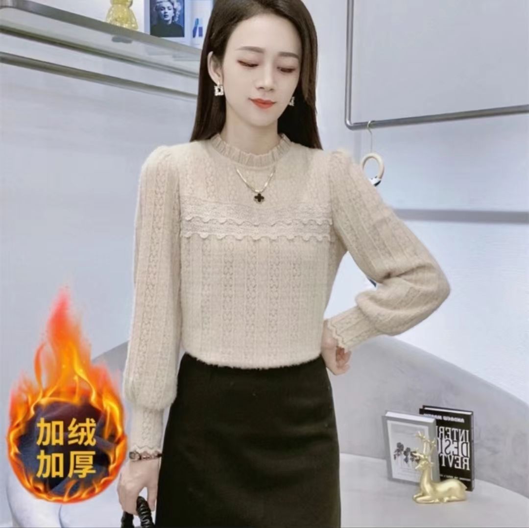 蕾丝蕾丝磨毛加绒打底衫百搭蕾丝衫加绒气质网红洋气
