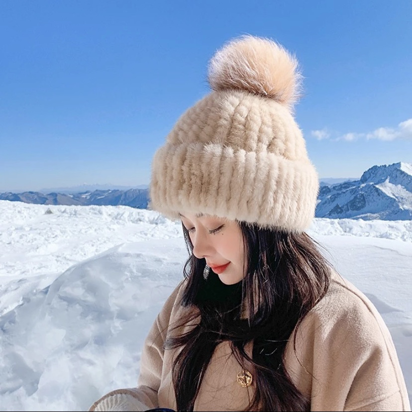 【水貂毛车条帽子】真毛水貂毛秋冬加厚车条编织单球帽