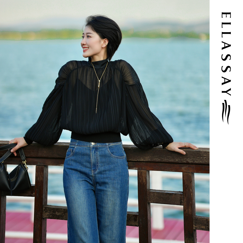 ELLASSAY歌力思早秋新款黑色百搭两件式通勤衬衫女EWE353C03200