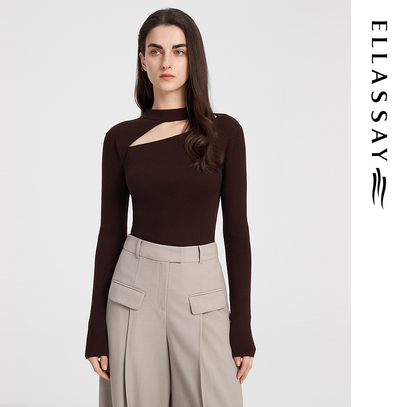 歌力思秋季新款雅丹风绵羊毛套头修身镂空针织衫女EWB343M01600