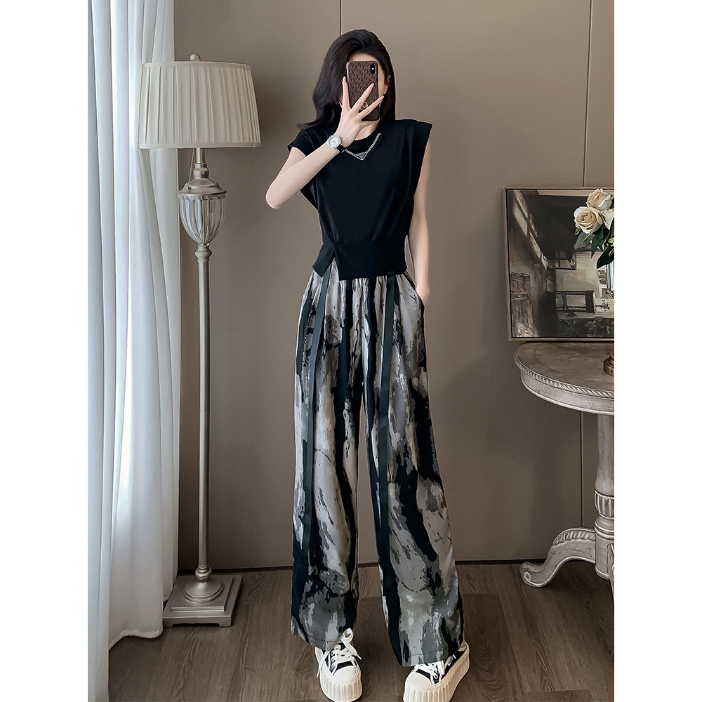 欧货炸街休闲运动套装女夏季洋气显瘦黑色上衣水墨阔腿裤两件套潮