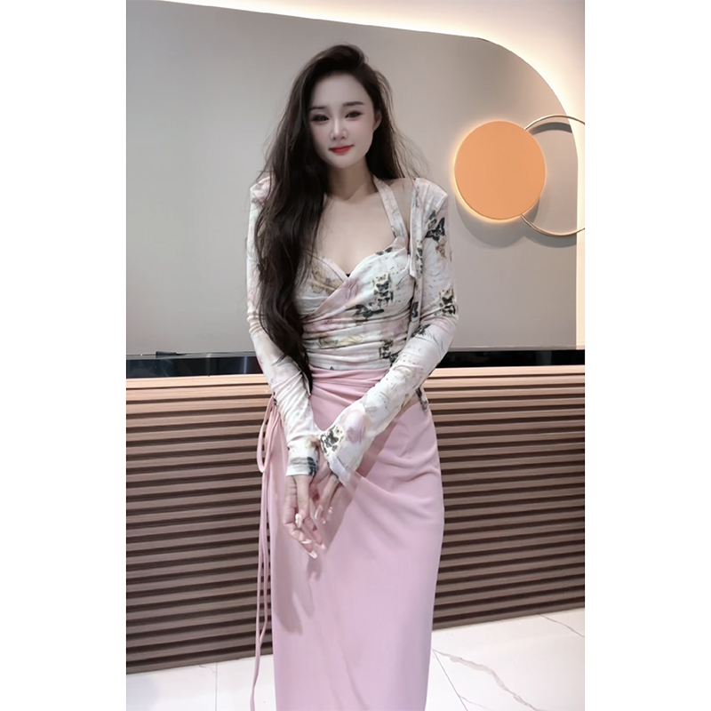 夏季新款纯欲辣妹碎花挂脖背心女长袖开衫防晒衫两件套