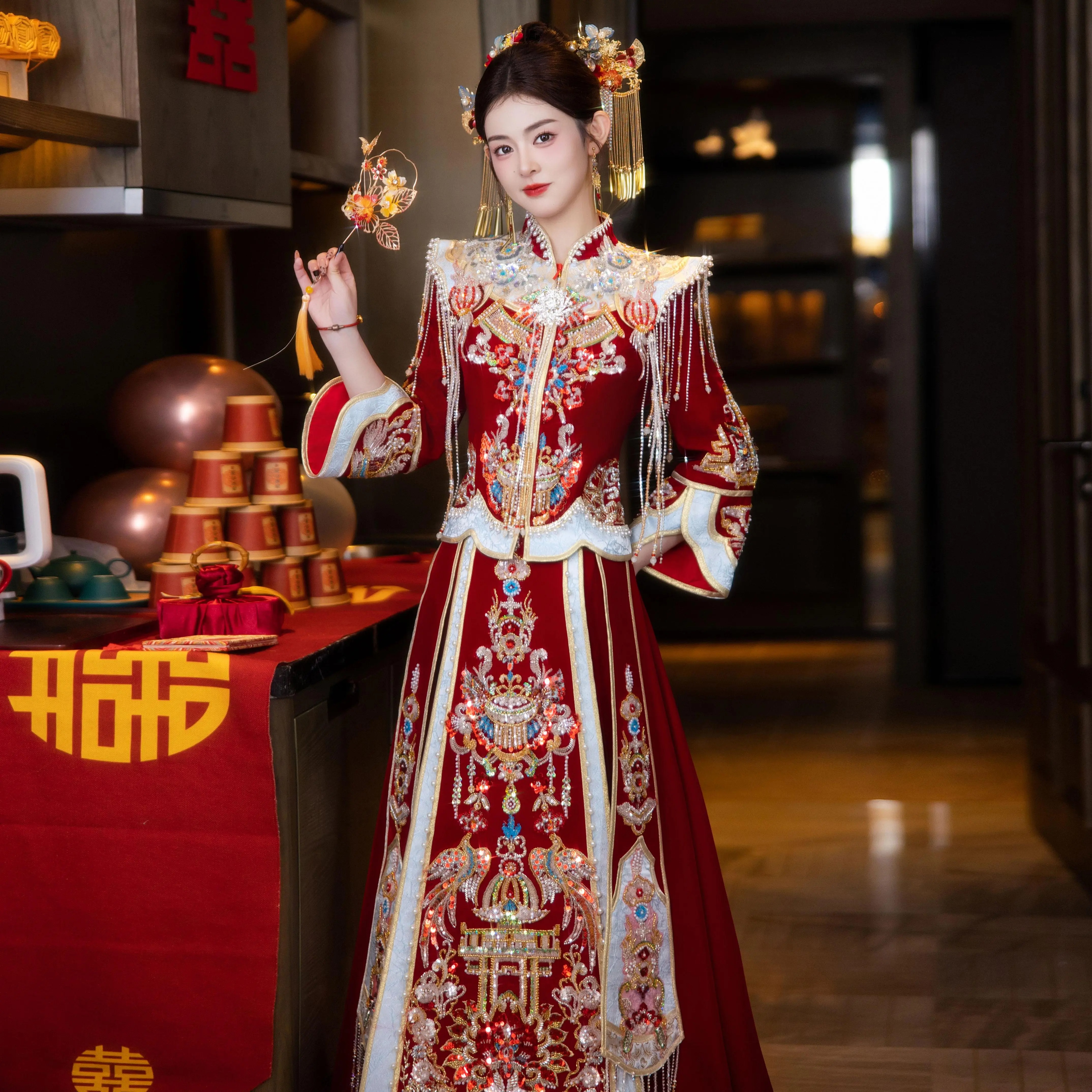 重工秀禾服2024年新款红色撞冰蓝显肤色婚服嫁衣新娘结婚敬酒服女