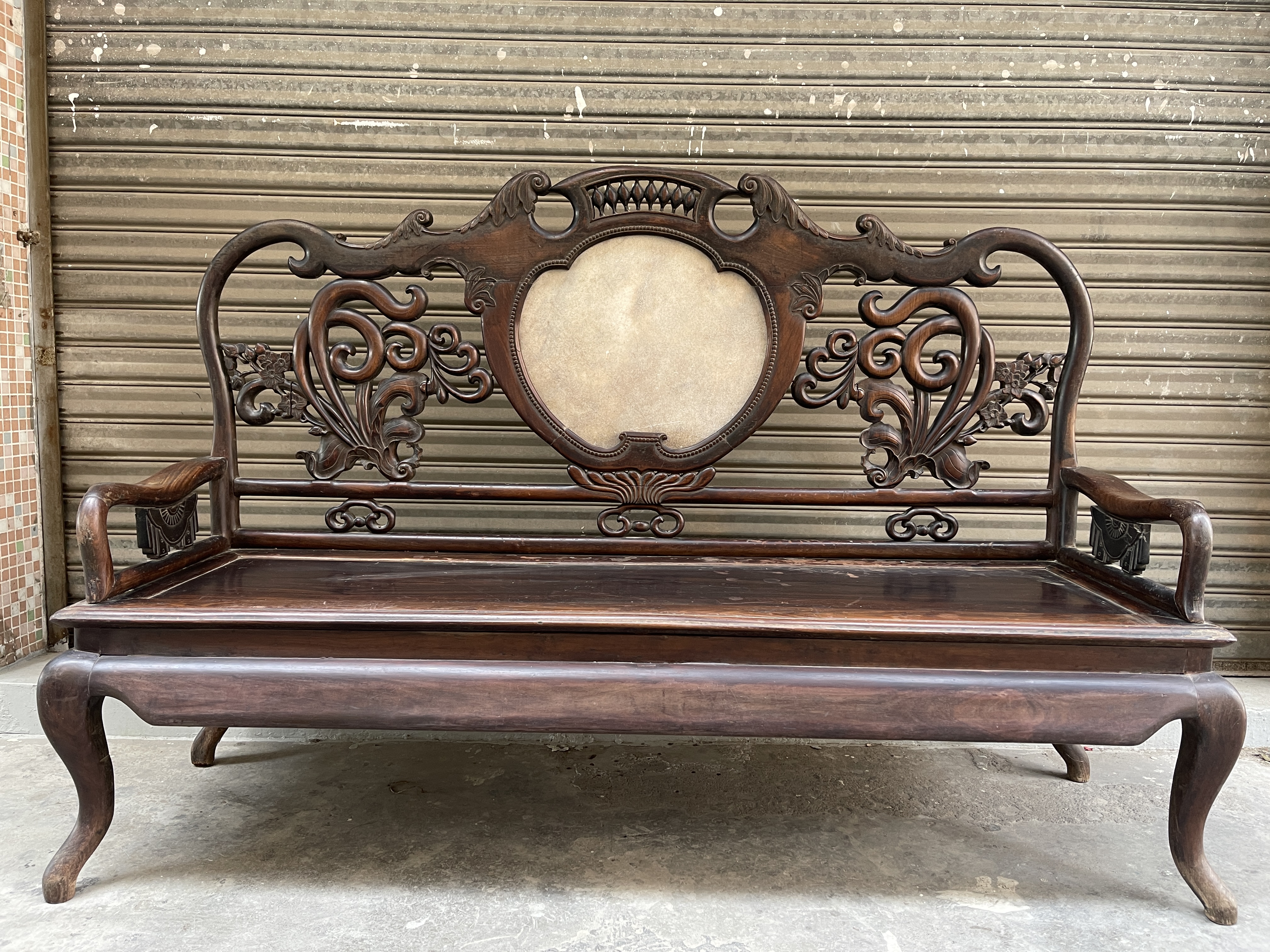 民国老红木酸枝木 精美大撸床三人椅 明清家具旧古董木艺木雕家具