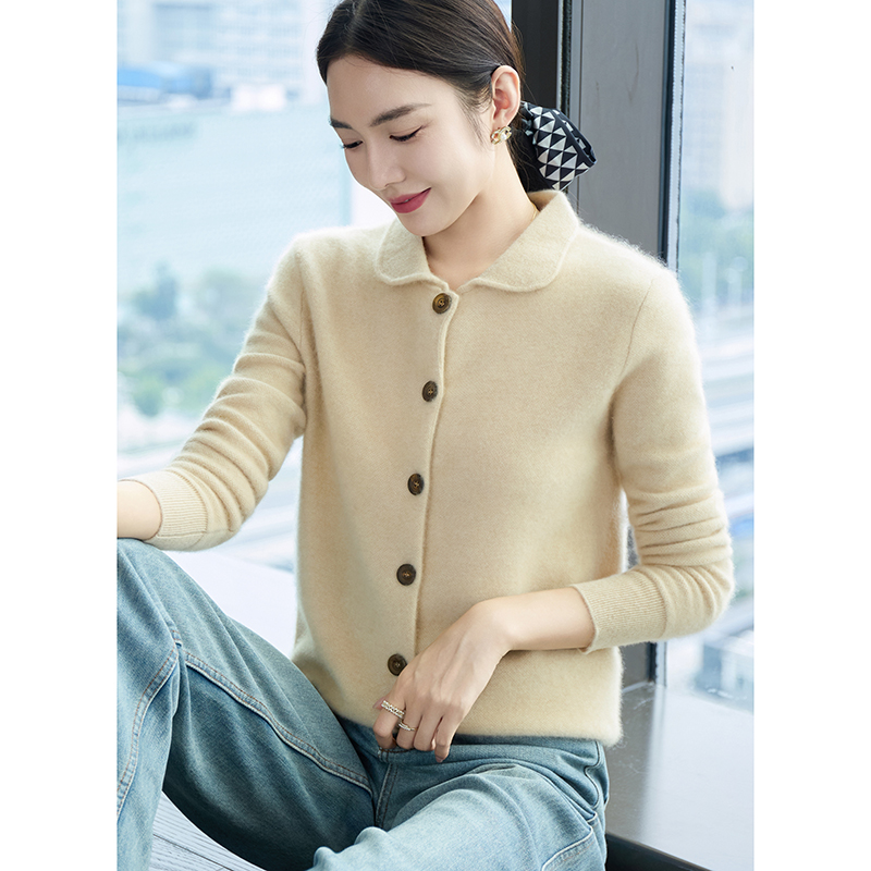 高端35羊绒针织女装气质翻领羊绒开衫秋冬内穿外搭厚款打底羊绒衫