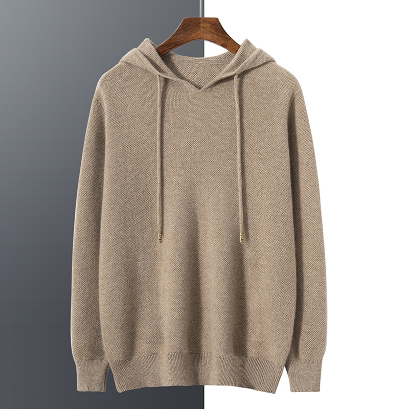 100%纯山羊绒针织男装秋冬连帽休闲羊绒衫时尚大码长袖宽松男帽衫