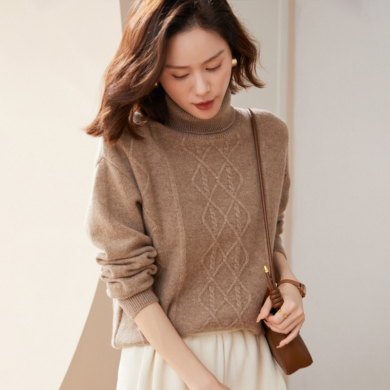 女士羊毛衫七针双股加厚高翻领针织衫落肩袖扭花厚毛衣宽松打底衫