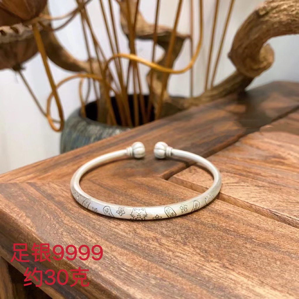 足银手镯 云南寸家银饰 足银9999 吉言招财猫南瓜头古法手镯