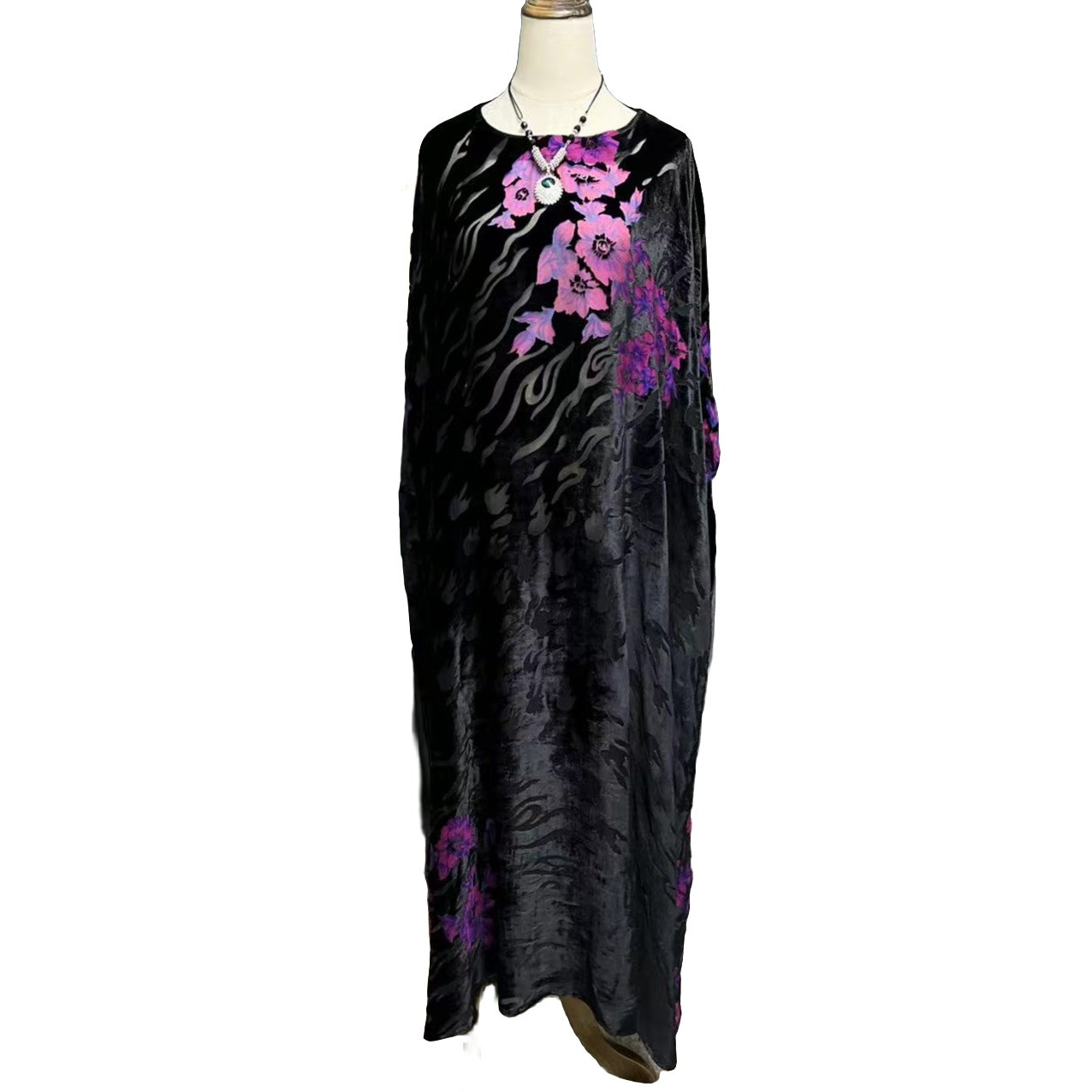 紫罗兰花丝绒连衣裙